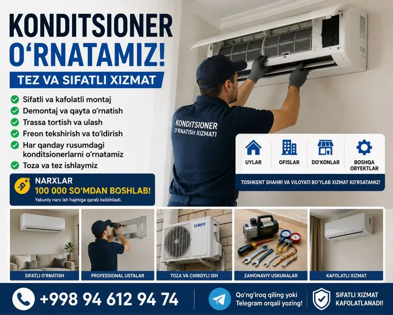 Konditsioner o’rnatamiz Sifatli va tez xizmat