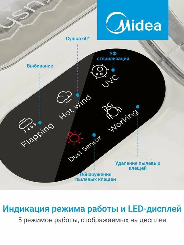 Пылесос от пылевых клещей Midea VCS BC3, 12 000 Па, виброотбойники, УФ — фото 1