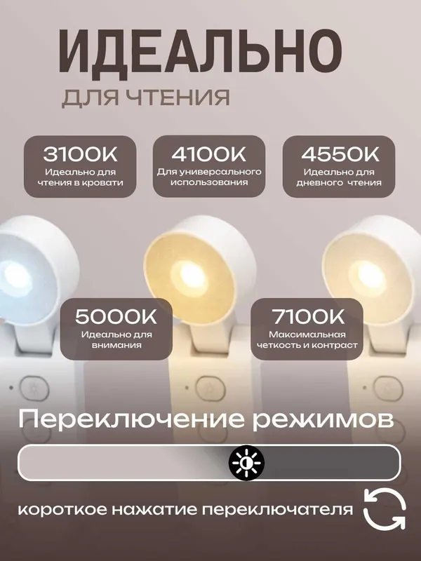 Фонарик для чтения, 5 режимов света, 6 уровней яркости, аккумуляторный — фото 1