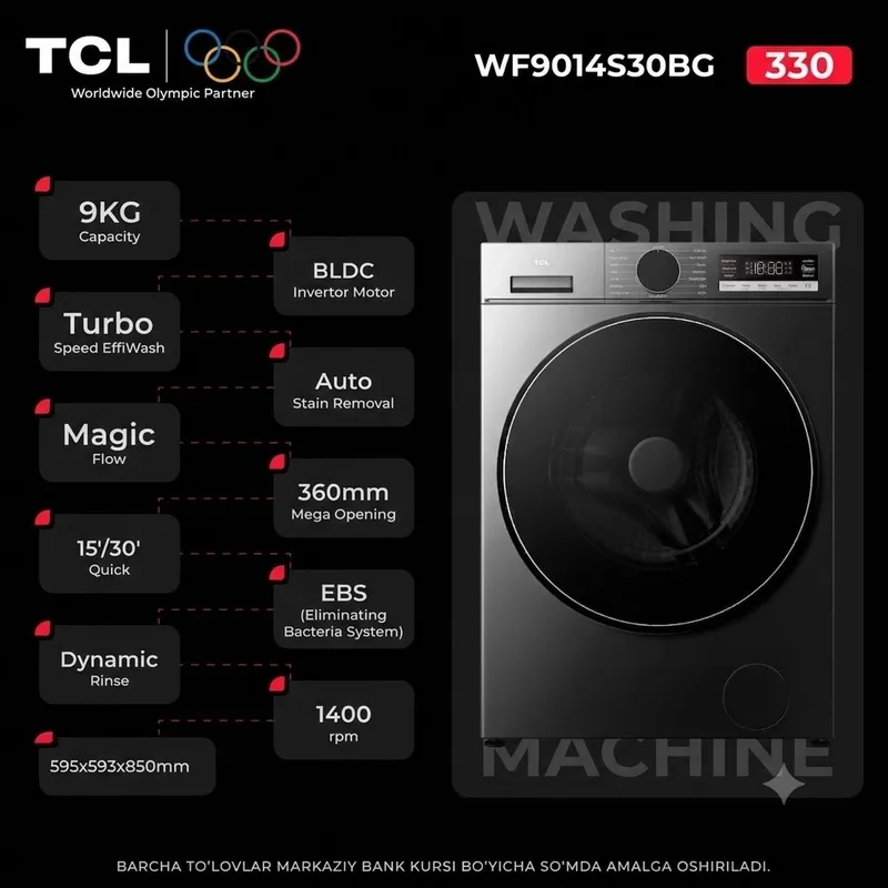 TCL 9 kg kir yuvish mashinasi