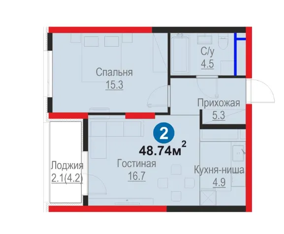 2-комнатная квартира 48.74 м2 — САМАЯ НИЗКАЯ ЦЕНА — фото 1