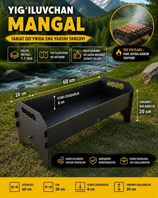 Qora metaldan yeg'iladigan mangal 20×60×8