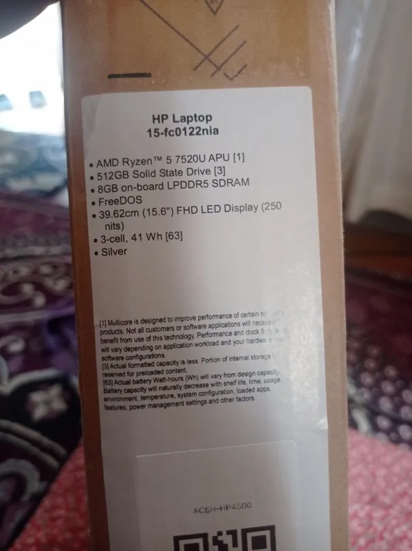 Ноутбук HP 15-fc0122nia • AMD RyzenTM 5 7520U APU [1] • 512GB Solid