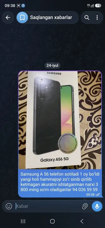 SAMSUNG A 56 sotiladi yangi 1 OY ishlagan koropka dakument bor 1