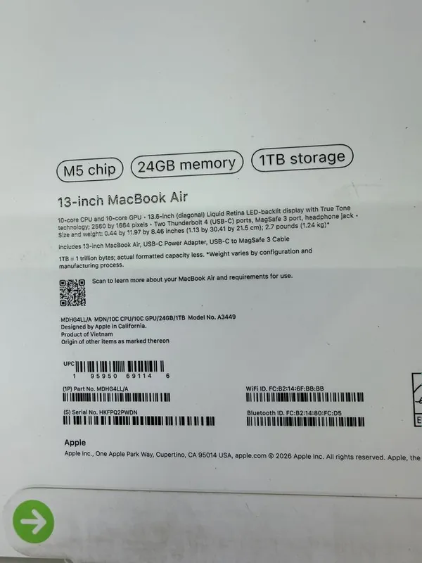 Macbook Air 13 24/1TB M5 silver
