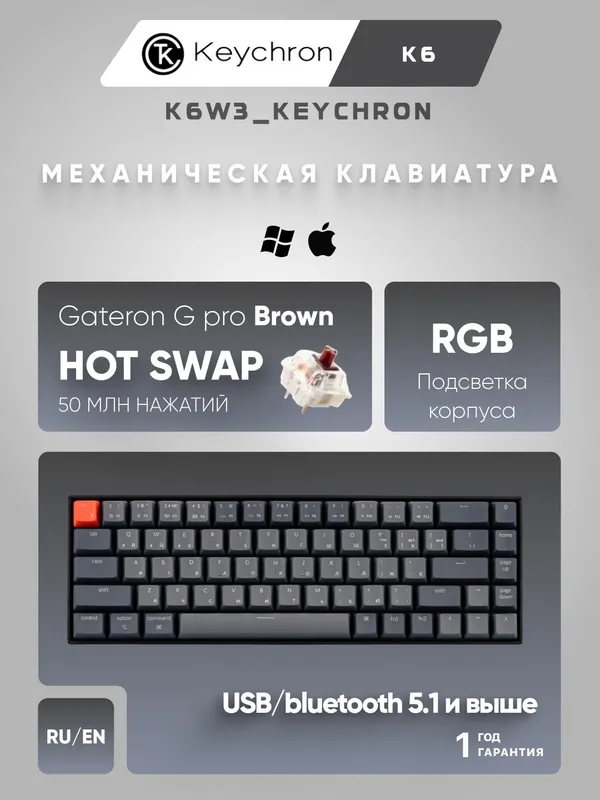 Беспроводная механическая клавиатура Keychron K6 68 Key, Gateron G Pro Brown, Aluminum Frame, Hot-Swap, RGB (K6W3)