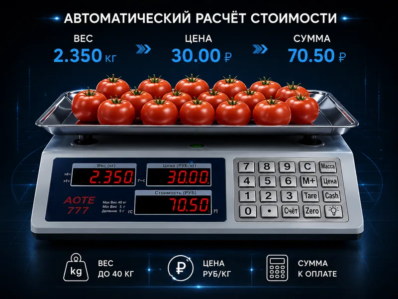 Электронные торговые весы, до 40 кг, точность 5 г 4
