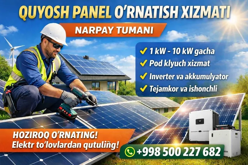 1 kW dan 10 kW gacha quyosh panellarini o‘rnatamiz