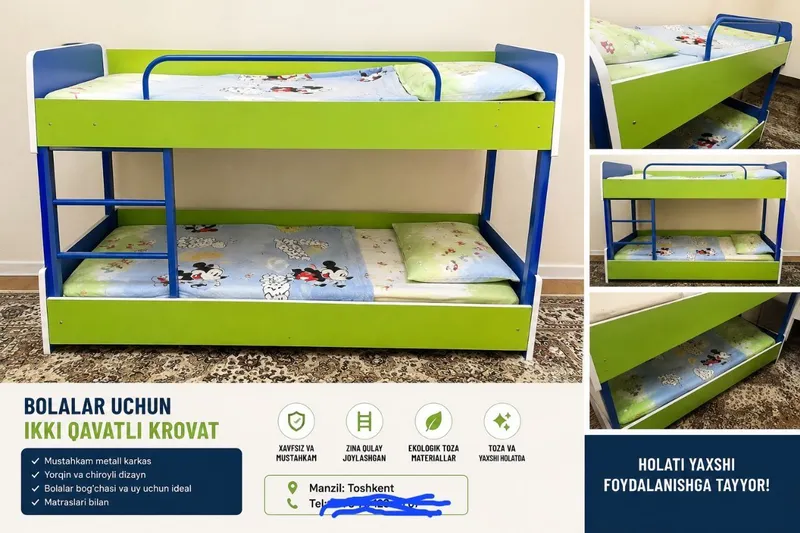 Bolalar uchun ikki qavatli krovat sotiladi