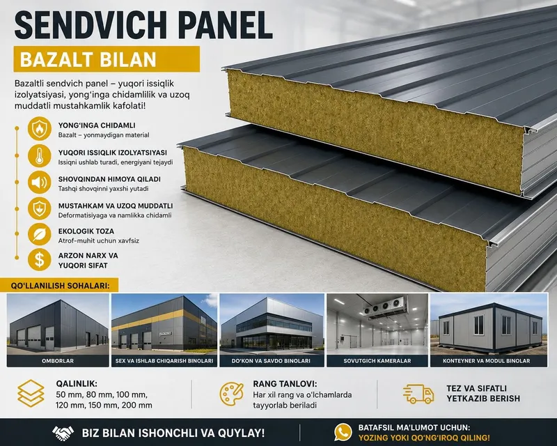Sendvich panel (bazaltli mineral paxtali) sotiladi