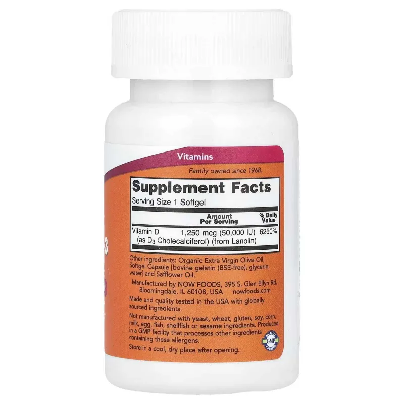 NOW Foods, Vitamin D-3, Max Potency, 50,000 IU, 12 Softgels — фото 1