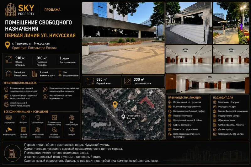910 м² на первой линии ул. Нукусская | 4 входа | Евро ремонт