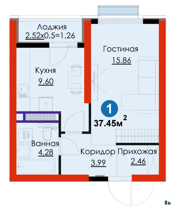 1-комн. Первый взнос 130 млн, 21 месяц по 14,4 млн 2