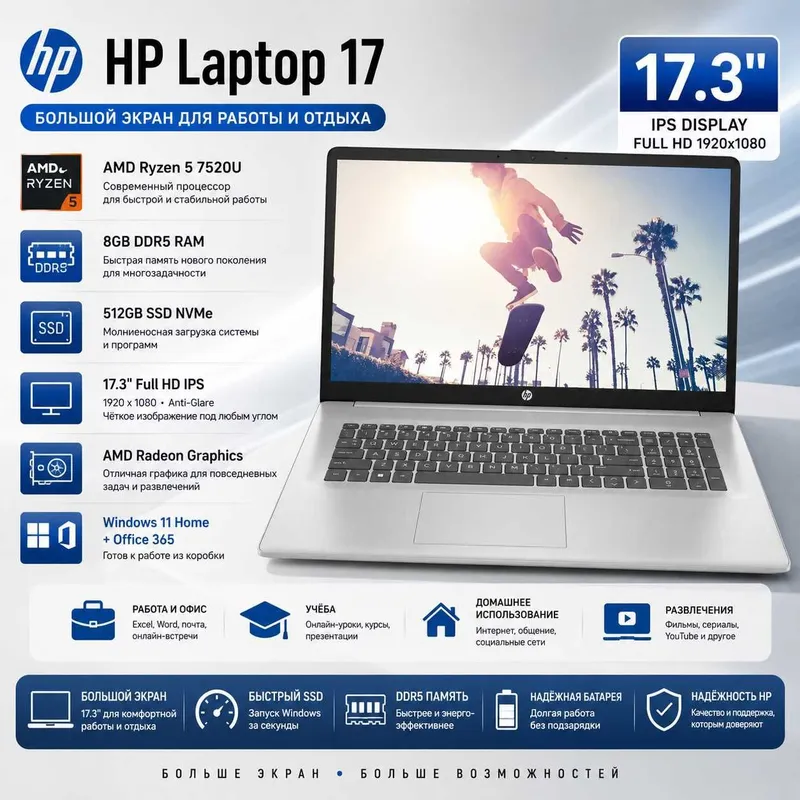 HP 17 / Ryzen 5 / 8GB DDR5 / 512GB SSD / 17.3" IPS / Гарантия 1 год