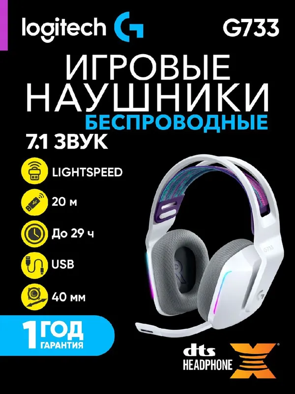 Игровые беспроводные наушники Logitech G733 LIGHTSPEED, до 29 часов работы, белый