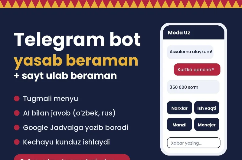 Telegram bot yasab beraman: tugmali menyu va AI javoblar +Sayt Telegram bot yasab beraman: tugmali menyu va AI javoblar +Sayt