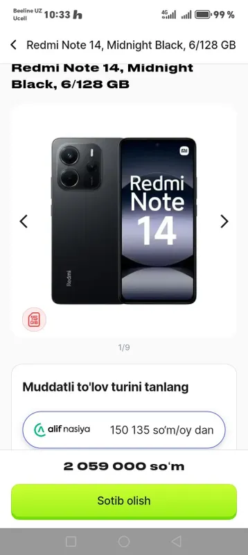 Redmi note 14 6/128 yangi korobka 1 yil garantiya
