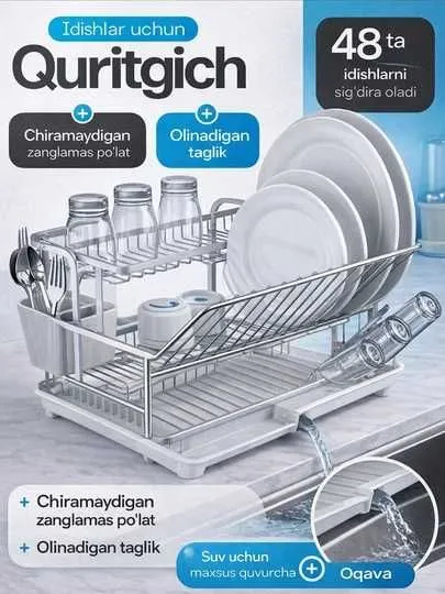 Idish quritgich 2 qavatli oshxona uchun metall posuda quritgich