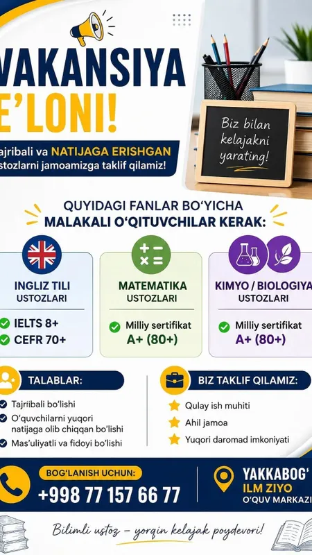 Ingliz Tili IELTS SEFR hamda KIMYO Biologiya va Matematika USTOZ Kerak