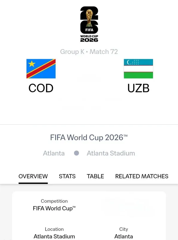 FIFA WORLD CUP билет Kongo VS Uzbekistan