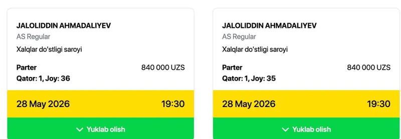 Jaloliddin Ahmadaliyev konsertiga old qatordan biletlar bor 2 dona