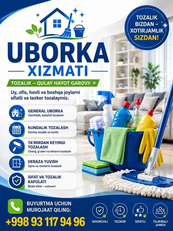 Uborka xizmati uy ofis hovli