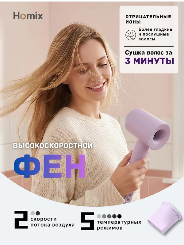 Фен для волос Homix для сушки и укладки с ионизацией, высокоскоростной 1