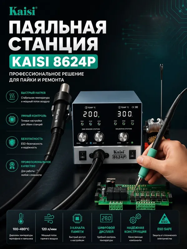 Kaisi 8624P 800 Вт термофена паяльная станция BGA паяльник SMD 210/245 — фото 1