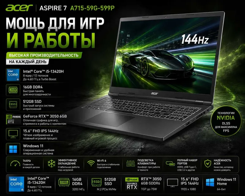 Acer Aspire 7 / Core i5 / 16GB / 512GB SSD / RTX3050 6GB / IPS 144Гц