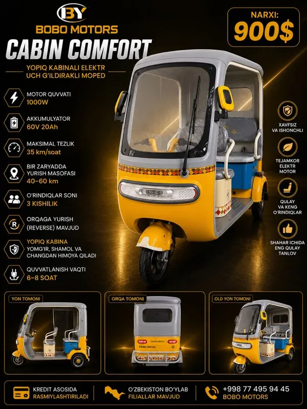 Yopiq kabinali elektr uch g’ildirakli moped Bobo Motors 6