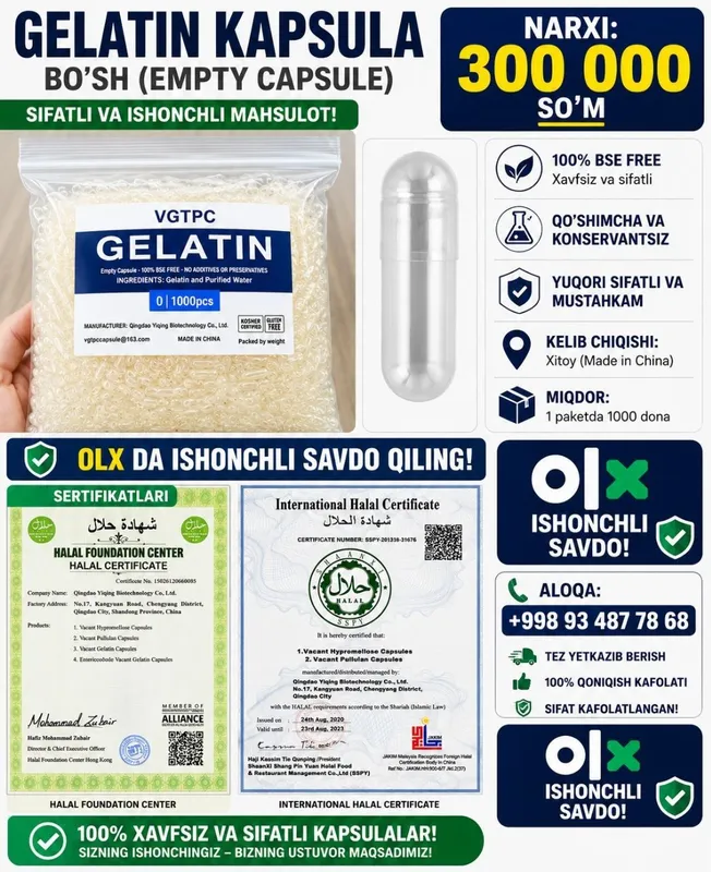Bo'sh kapsula (Gelatin) №0 Bo'sh kapsula (Gelatin) №0