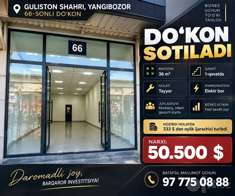 Guliston shahri, Yangibozorda 36 m² do‘kon sotiladi! 1 Guliston shahri, Yangibozorda 36 m² do‘kon sotiladi! 1