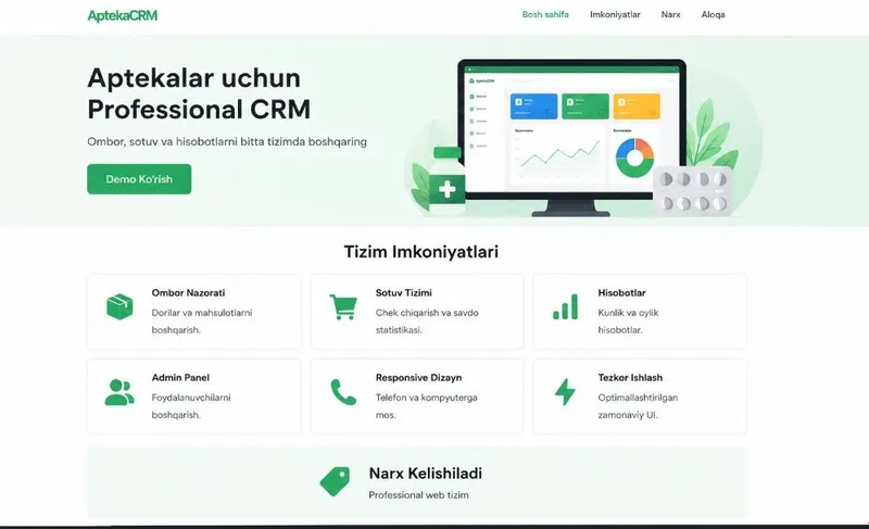 APTEKA CRM LOYIHASI SOTILADI Zamonaviy va chiroyli dizaynga ega we