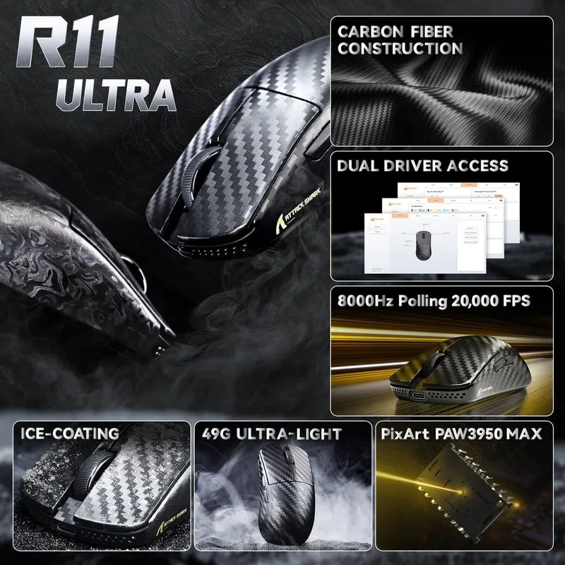 NEW Mouse Attack shark R11 ULTRA PAW3950 8K dpi 42000 — фото 4
