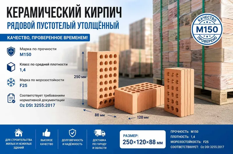Кирпич М150 | 250×120×88 | Сертификат UzDSt | Доставка