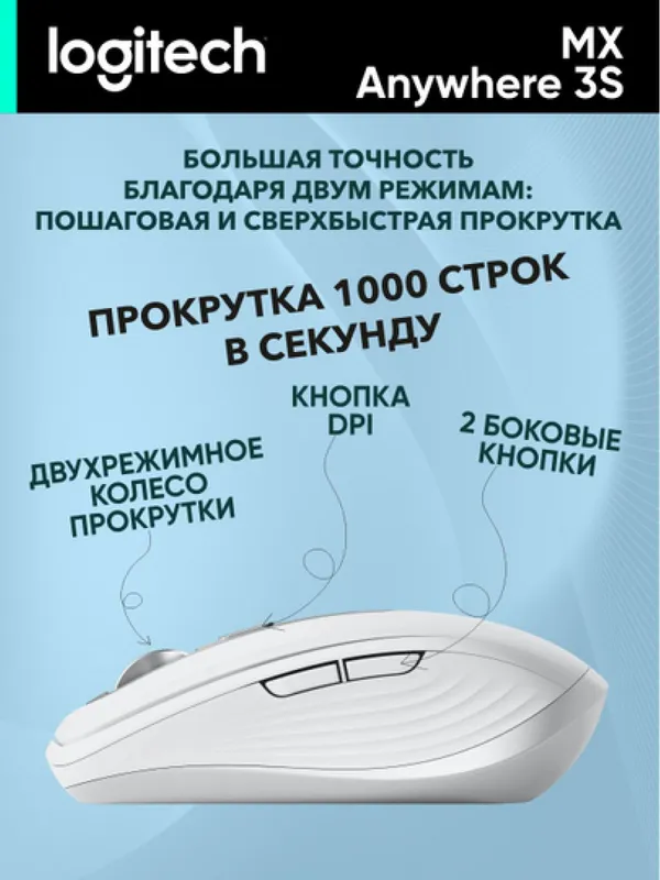 Беспроводная/проводная мышь Logitech MX Anywhere 3S, BT/WL/USB-A/USB-C, лазерный сенсор, серый — фото 1