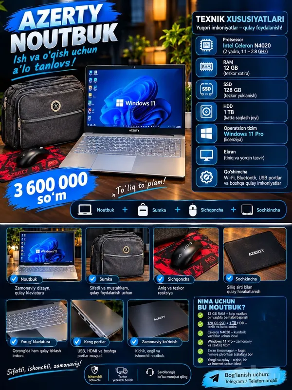 Sarlavha: Azerty noutbuk 12GB RAM | 128GB SSD + 1TB HDD | Sumka + sich Sarlavha: Azerty noutbuk 12GB RAM | 128GB SSD + 1TB HDD | Sumka + sich