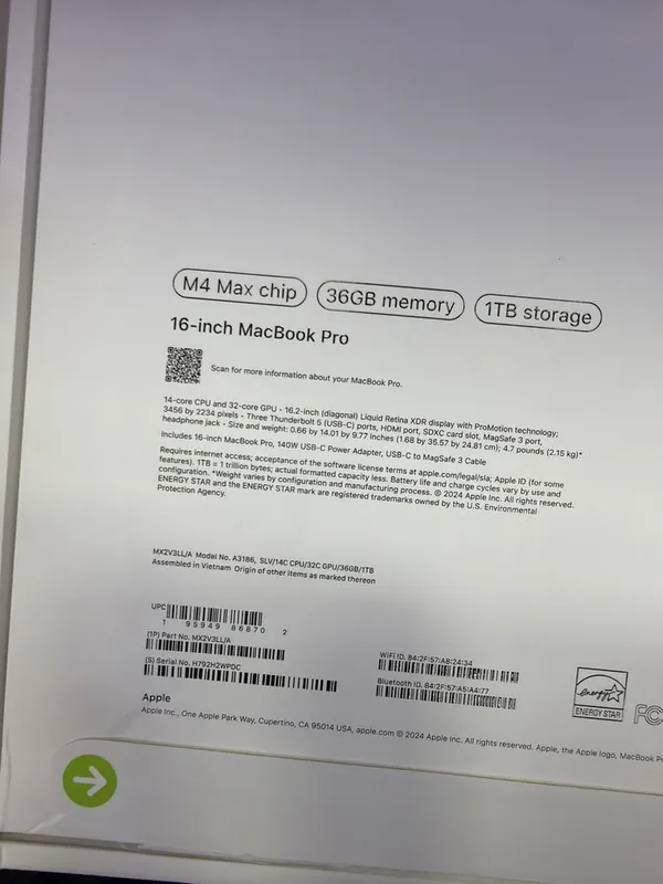 Macbook pro 16 36/1tb m4 max silver