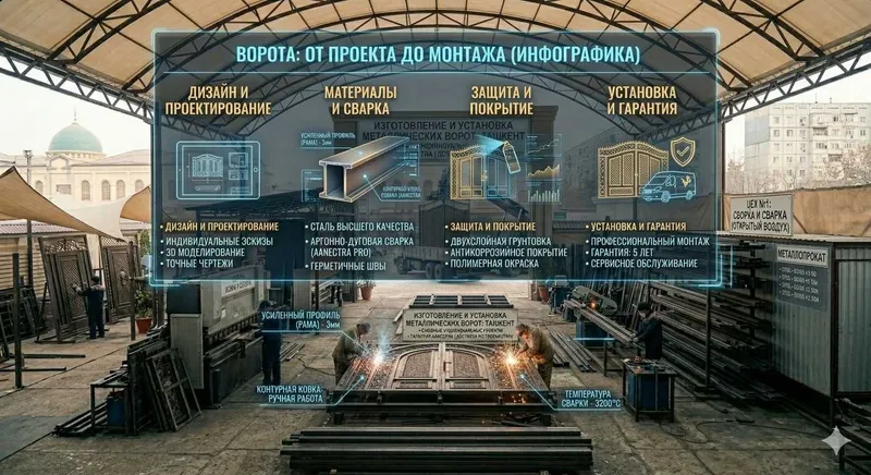 Железные Металлические ворота под ключ в Ташкенте Temir darvoza Навес