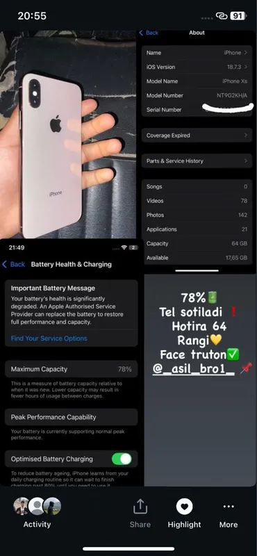 Iphone xs holati ideal yonks 78 hamma joyi iwliydi srochna sotiladi Iphone xs holati ideal yonks 78 hamma joyi iwliydi srochna sotiladi