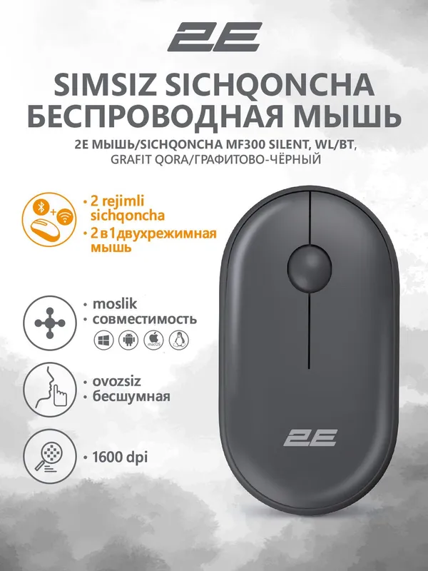Бесшумная беспроводная мышка для компьютера и ноутбука, черный (2E-MF300WBK)