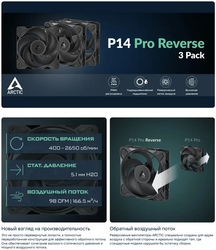 Комплект вентиляторов ARCTIC P14 Pro Reverse Black — фото 4