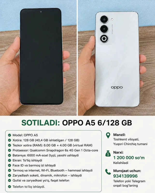 OPPO A5 telefon kafolati bilan