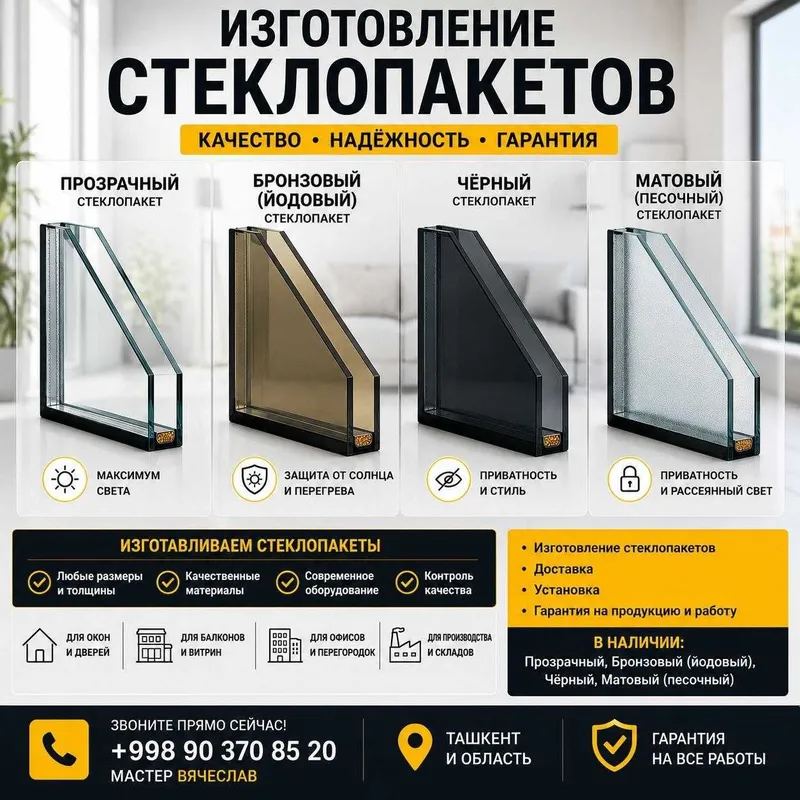 Изготовление стеклопакетов. Прозрачные, йодовые, чёрные, матовые