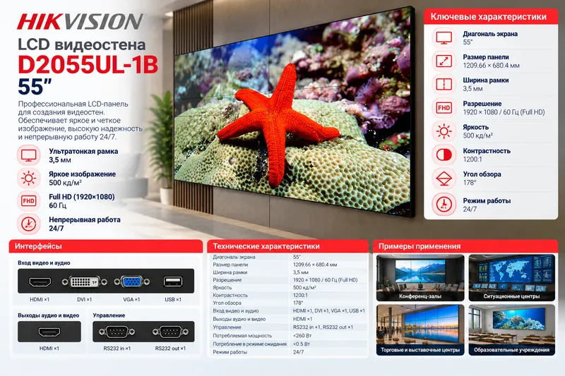 Hikvision LCD видеостена (видеостена) 55" 2 Hikvision LCD видеостена (видеостена) 55" 2