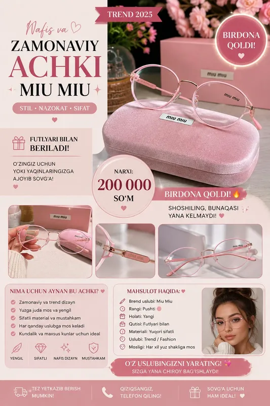 Miu Miu uslubidagi ko'zoynak
