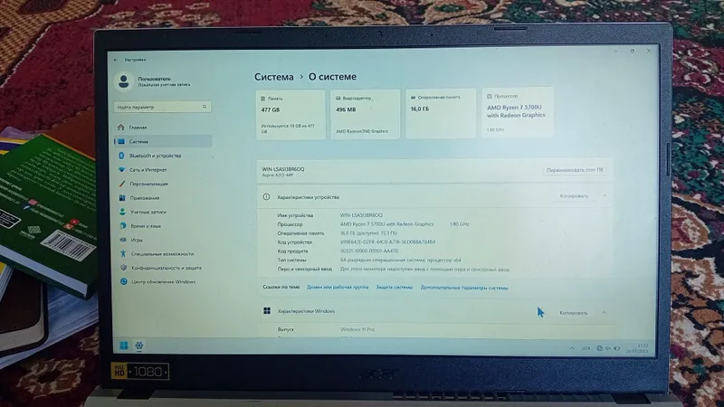 ACER AMD Ryzen 7. 5700 U. Xotirasi 512. Operativka 16. Windows 11pro. — фото 3