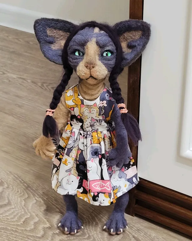 интерьерная игрушка  кошка,шерсть.ручная рабоота — фото 4