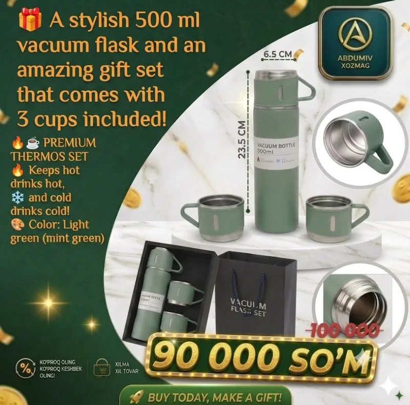500 ml TERMOS, 3 stakan, och yashil (mint yashil) — фото 2