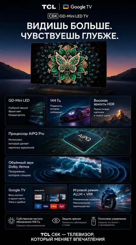 TCL 55C6K Smart-телевизор 55" (140 см) QD-Mini LED 4K 144 Гц